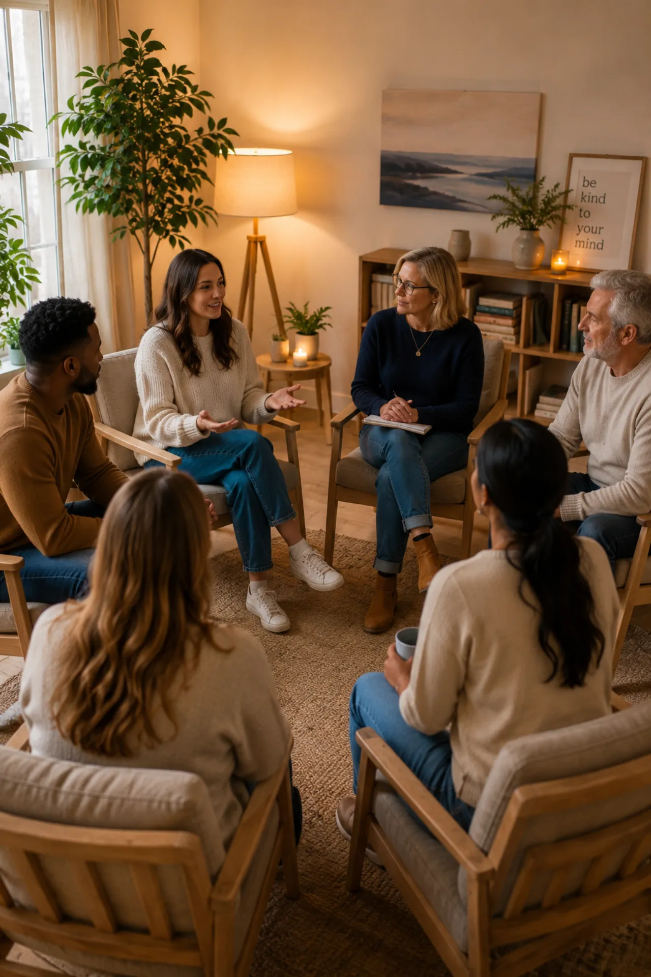 A small therapy group in conversation
