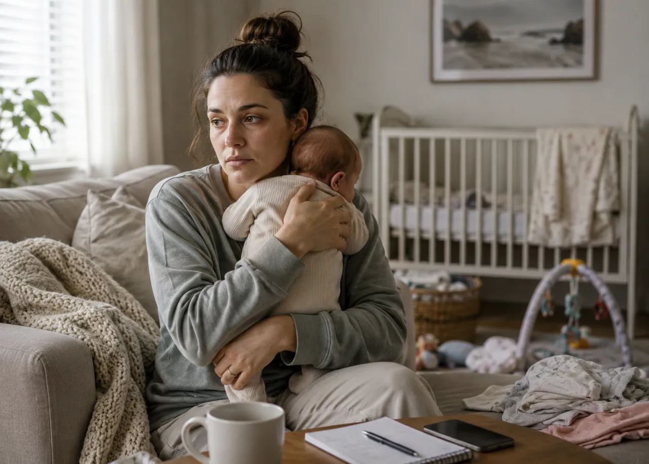 A mother holding her sleeping newborn